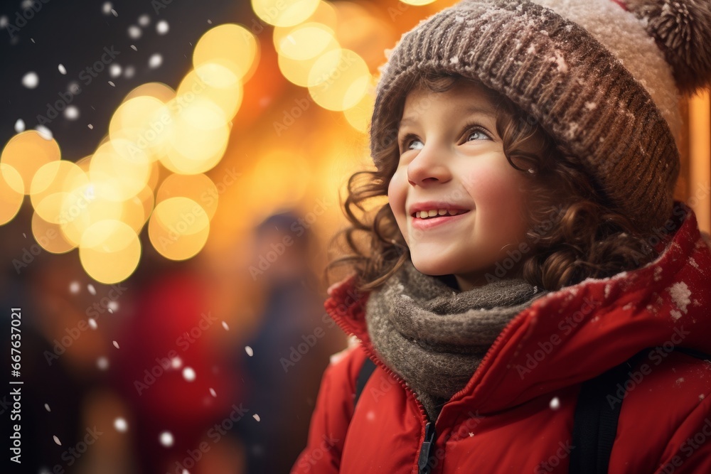 portrait of a cute white dreamy child kid looking happy and content on winter holidays at the christmas market, fairy lights, snow and bokeh in the background portrait of a cute white dreamy child kid looking happy and content on winter holidays at the christmas market, fairy lights, snow and bokeh in the background