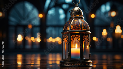 Ornamental Arabic Lantern with Burning Candle Glowing at Night Selective Focus Background