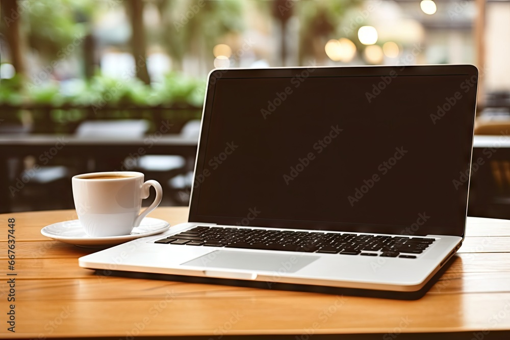 Digital workspace. Modern laptop on wooden desk. Business in cup. Coffee and clean table. Sleek and minimal Digital workspace. Modern laptop on wooden desk. Business in cup. Coffee and clean table. Sleek and minimal