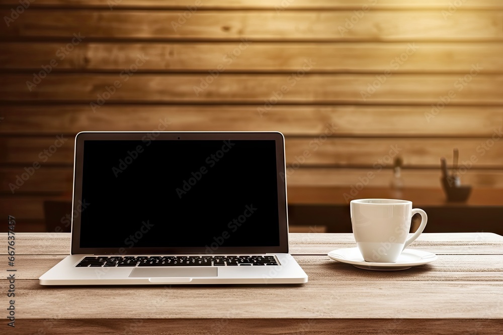 Digital workspace. Modern laptop on wooden desk. Business in cup. Coffee and clean table. Sleek and minimal Digital workspace. Modern laptop on wooden desk. Business in cup. Coffee and clean table. Sleek and minimal