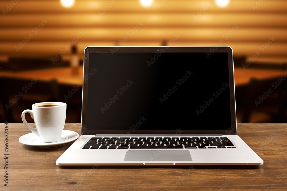Digital workspace. Modern laptop on wooden desk. Business in cup. Coffee and clean table. Sleek and minimal