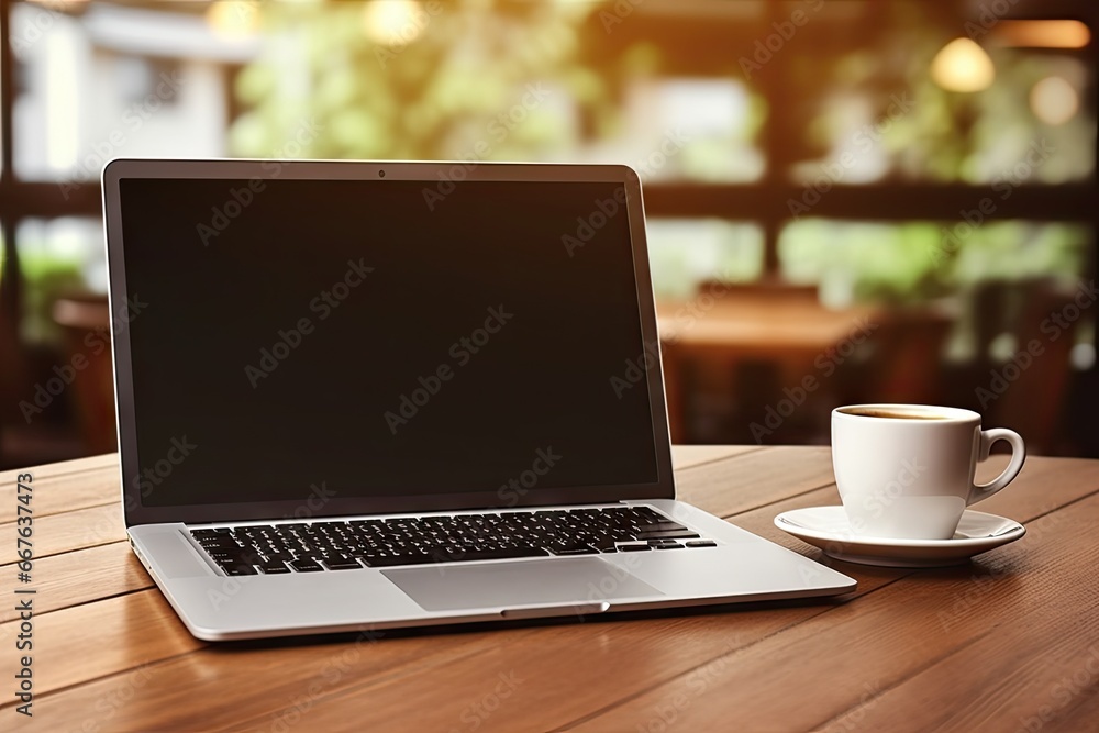 Digital workspace. Modern laptop on wooden desk. Business in cup. Coffee and clean table. Sleek and minimal Digital workspace. Modern laptop on wooden desk. Business in cup. Coffee and clean table. Sleek and minimal