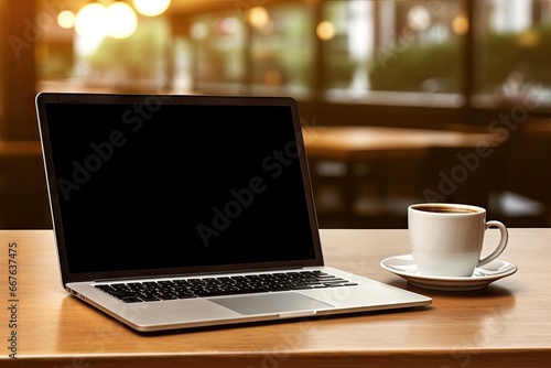 Digital workspace. Modern laptop on wooden desk. Business in cup. Coffee and clean table. Sleek and minimal
