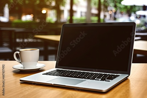 Digital workspace. Modern laptop on wooden desk. Business in cup. Coffee and clean table. Sleek and minimal