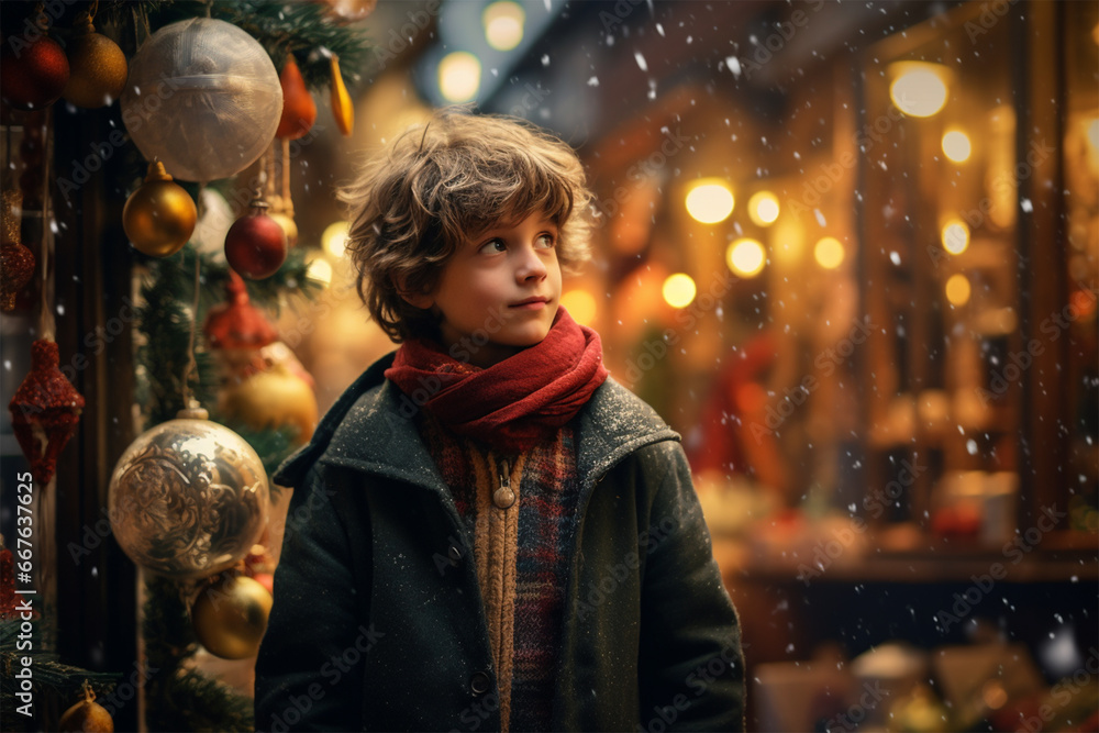 A blond boy in a red scarf walks through a Christmas market under the snow. 