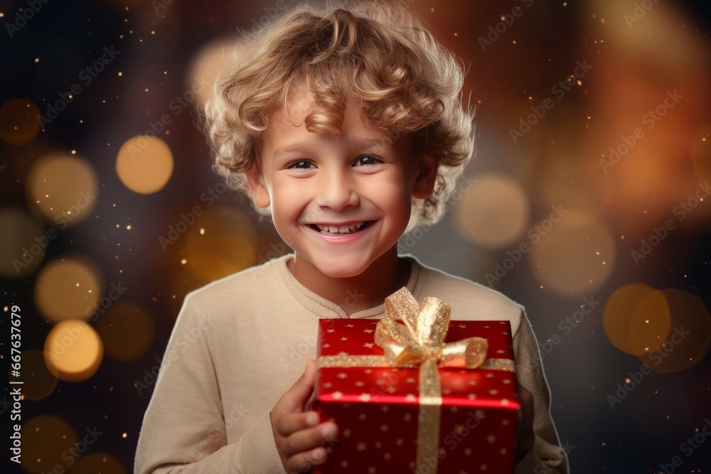 portrait of a cute white dreamy child boy smiling and looking happy and content on winter holidays expecting christmas with a gift in his hands, fairy lights and bokeh in the background portrait of a cute white dreamy child boy smiling and looking happy and content on winter holidays expecting christmas with a gift in his hands, fairy lights and bokeh in the background