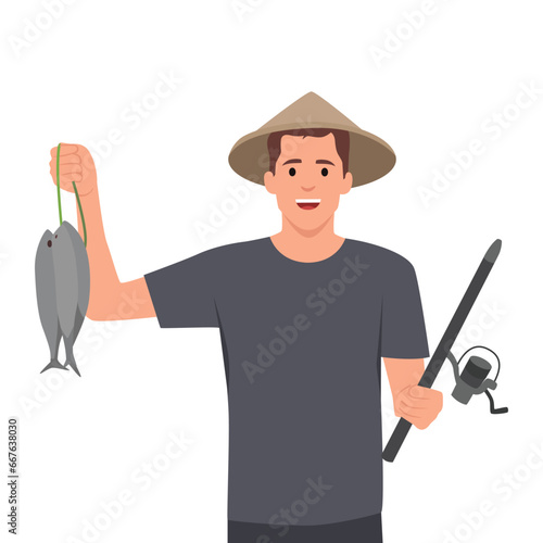 Happy young fisherman on the beach holding his catch fish. Flat vector illustration isolated on white background