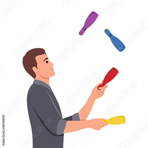 Young juggler man juggling with clubs. Flat vector illustration isolated on white background