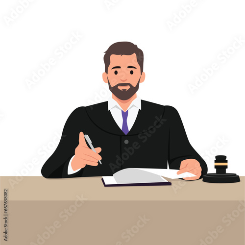 Judge working at his desk in court. Flat vector illustration isolated on white background