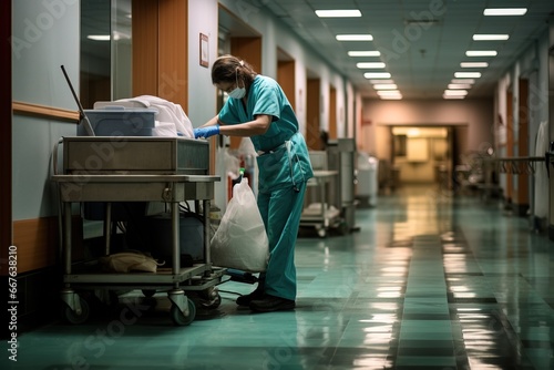 cleaner cleaning in the corridor of a hospital in her uniform and protection