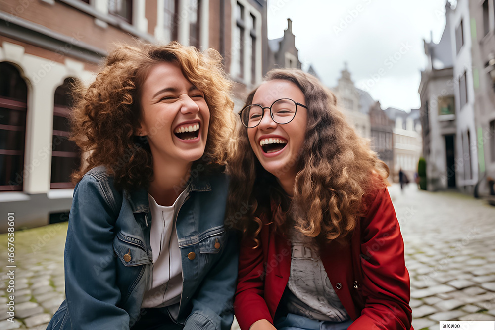 Two young women, standing side by side in the bustling downtown city streets during the daytime. Generative AI. Two young women, standing side by side in the bustling downtown city streets during the daytime. Generative AI.