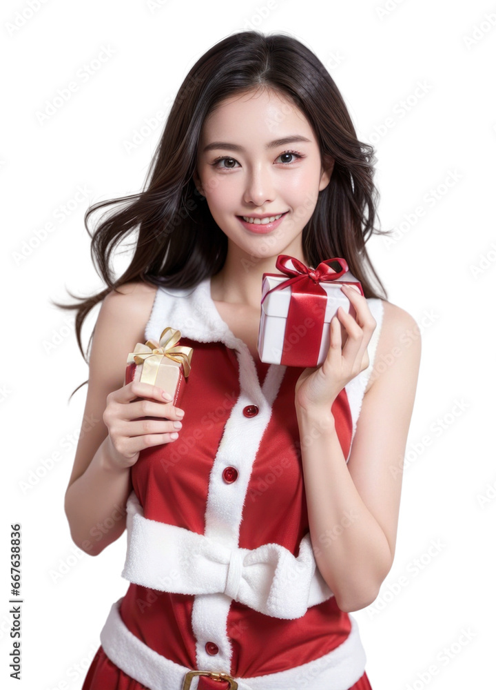 Christmas woman cute girl wearing a Santa Claus costume with holding a gift box Christmas woman cute girl wearing a Santa Claus costume with holding a gift box
