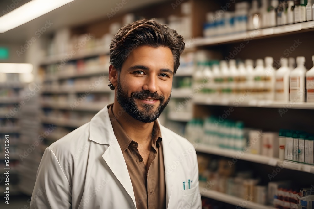 handsome short brown hair and bearded happy magister male wearing White medical coat and checking the stock of medicine on the shelves in the pharmacy. Generative Ai. handsome short brown hair and bearded happy magister male wearing White medical coat and checking the stock of medicine on the shelves in the pharmacy. Generative Ai.