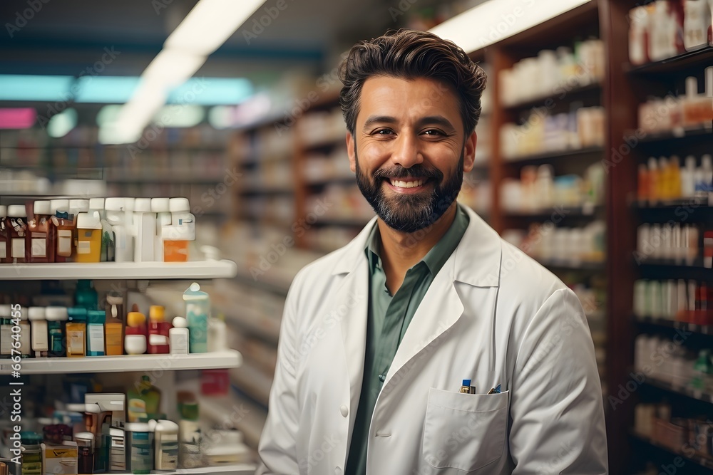 handsome short brown hair and bearded happy magister male wearing White medical coat and checking the stock of medicine on the shelves in the pharmacy. Generative Ai. handsome short brown hair and bearded happy magister male wearing White medical coat and checking the stock of medicine on the shelves in the pharmacy. Generative Ai.