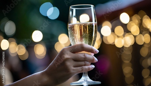 close-up champaign glasses with hand holding, bottles of sparkling wine in the party