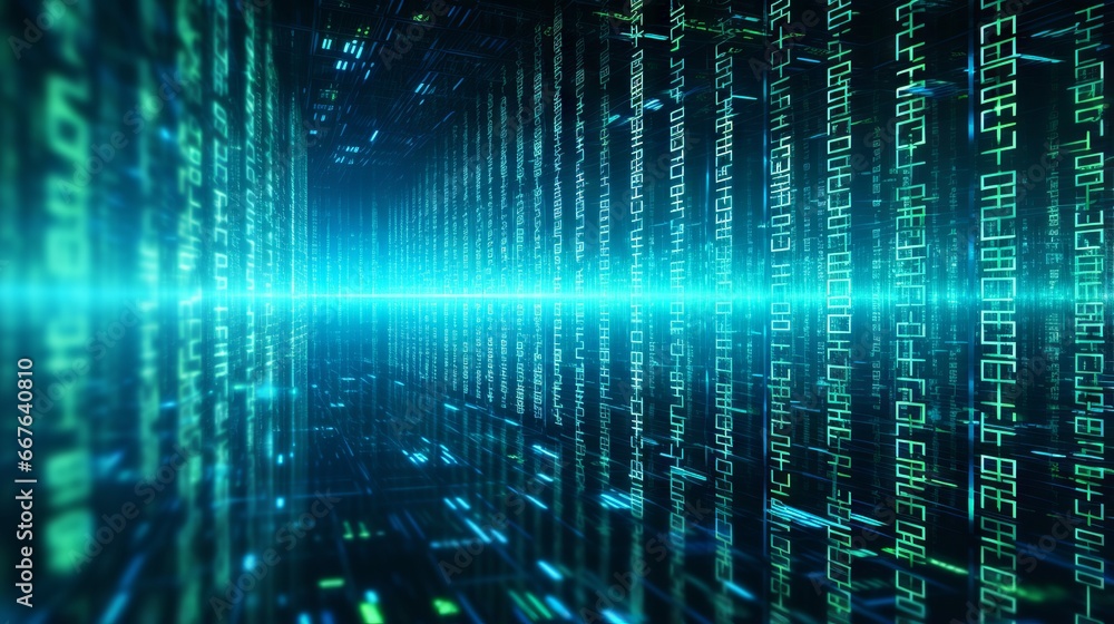 3d rendering of a digital binary code matrix: a visualization of the connectivity, complexity and data flood of the modern digital age