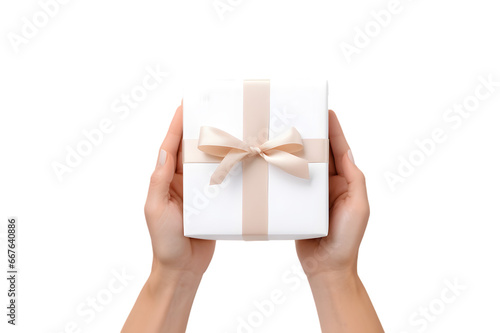 Woman hands holding white present box isolated on transparent background