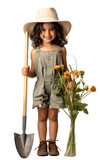 girl with gardening tools, Joyful Boy Gardener with Potted Plant - Full Body Portrait in Sun Hat, Isolated on White Background, Transparent PNG