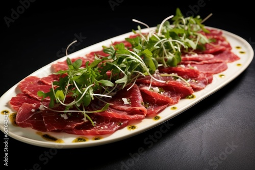 Fresh Beef carpaccio. Plate dish salad. Generate Ai