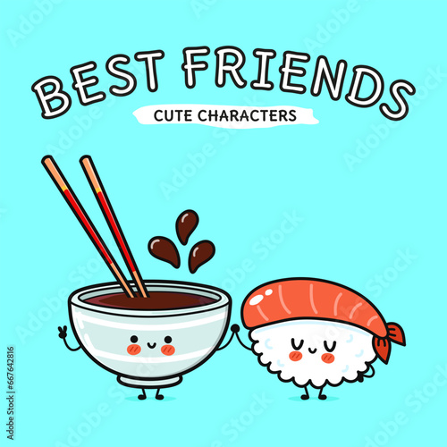 Sushi and soy sauce character. Vector hand drawn cartoon kawaii characters, illustration icon. Funny cartoon happy Sushi and soy sauce friends