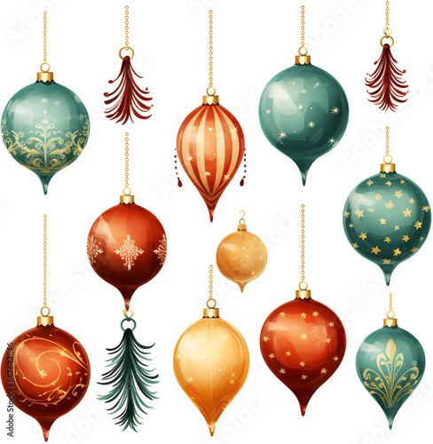ornaments and trees in watercolor, in the style of high detailed