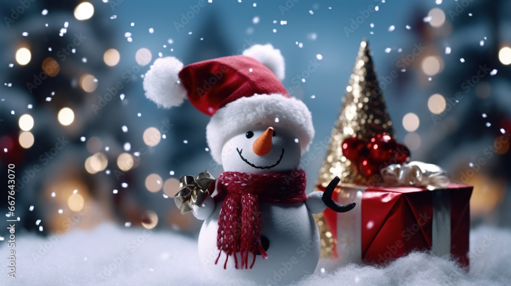 Cute Snowman in His Red Outfit For Merry Christmas Greeting Background Focus on Foreground