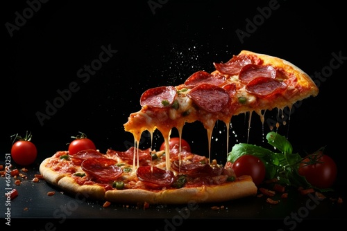 Pepperoni pizza with falling toppings on black background. Generative AI