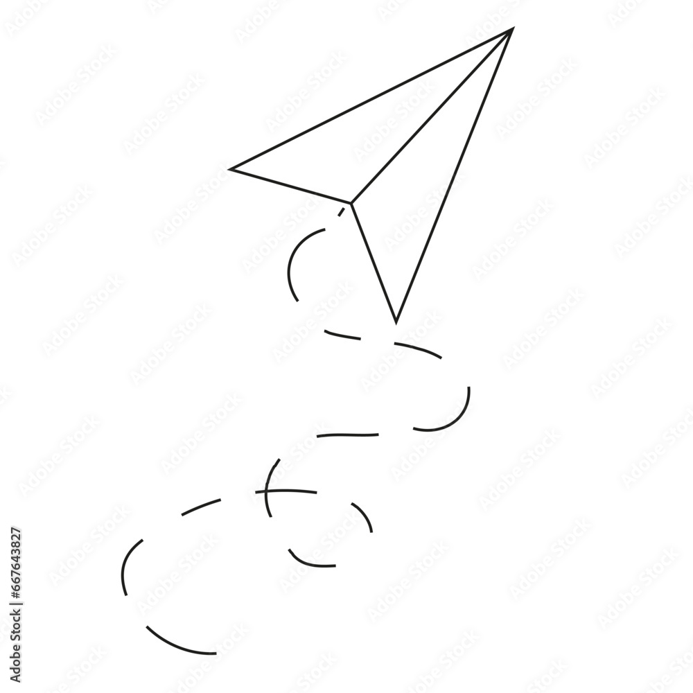Paper airplane dotted line isolated transparent background. Children's Simple black line plane on white. Line art jet. Vector illustration can be used t-shirt print, notebook and web pages symbol.