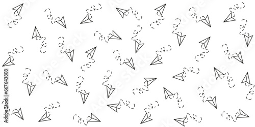 Abstract Paper airplane seamless pattern on white background. Children's ornament Simple black line plane. Vector illustration can be used t-shirt textile wallpaper print.