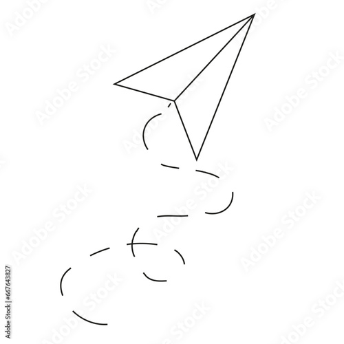 Paper airplane dotted line isolated transparent background. Children's Simple black line plane on white. Line art jet. Vector illustration can be used t-shirt print, notebook and web pages symbol.