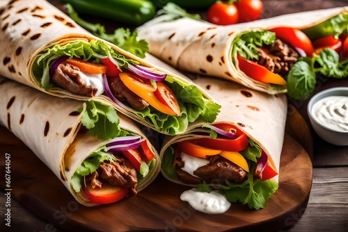 the symphony of colors and flavors in a gyro wrap, with juicy, rotating meat, fresh veggies, and creamy yogurt sauce