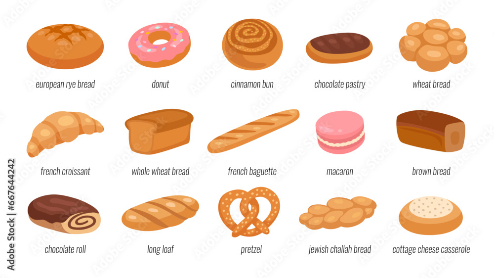 Bakery and pastry products: whole grain bread, dark rye bread, wheat bun, donut, croissant, cottage cheese cake, french baguette, loaf, pretzel, chocolate roll, macaroon cookies, cinnamon bun Bakery and pastry products: whole grain bread, dark rye bread, wheat bun, donut, croissant, cottage cheese cake, french baguette, loaf, pretzel, chocolate roll, macaroon cookies, cinnamon bun