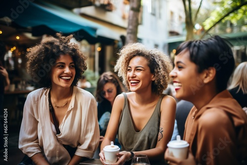 group of diverse trans woman drinking coffee smiling in the city photo
