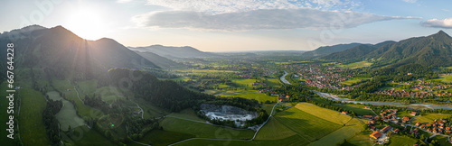 Bavarian Pre Alps. Sunset aerial panorama. Isar river valley. Lenggries Bad Toelz