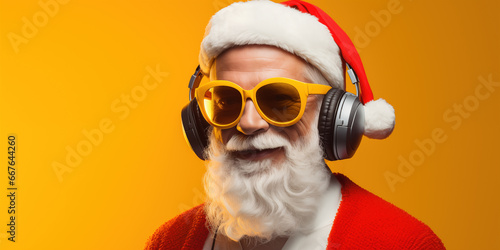 Nightclub invite on christmas party celebration santa claus dj in headset sing song sound melody listen music dance wear stylish x-mas hat on yellow color background, generative ai