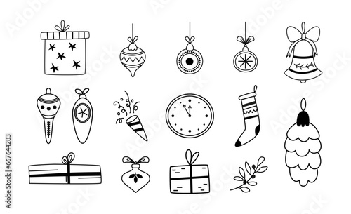 Christmas tree decorations, gifts, clock, socks. Simple festive doodles. Hand-drawn line art. Outline sketch isolated on white background. Winter season.
