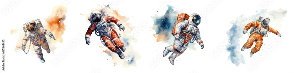 Watercolor astronaut flight in space, gravity picturesque card, poster, print, transparent background, generative AI Watercolor astronaut flight in space, gravity picturesque card, poster, print, transparent background, generative AI