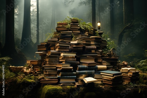 piles of book in the forest. old books.