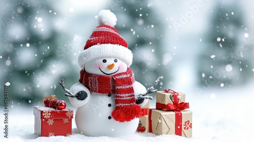 Christmas Eve Holiday Cute Snowman Giving Gifts in Outdoor Background Selective Focus © Image Lounge
