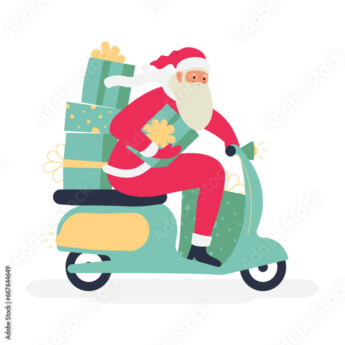 Modern flat vector illustration of cheerful Santa Claus drive on green scooter with various gift boxes, holding gift box, wearing red clothes isolated on white background