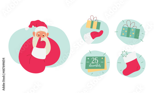 Modern flat vector illustration of cheerful Santa Claus, showing shh gesture, wearing red clothes, various Christmas badges: calendar, gift box, sock on xmas background