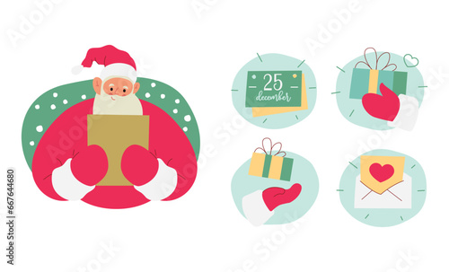 Modern flat vector illustration of cheerful Santa Claus, holding gold sheet of paper, wearing red clothes, various Christmas badges: calendar, gift box, envelop on xmas background