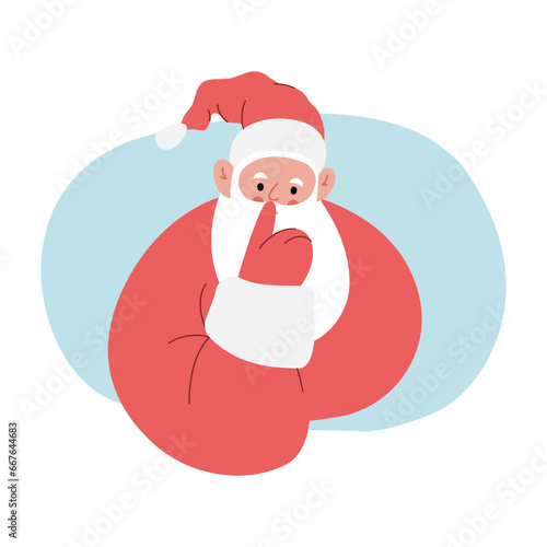 Modern flat vector illustration of cheerful Santa Claus, showing shh gesture with index finger near mouth, wearing red clothes