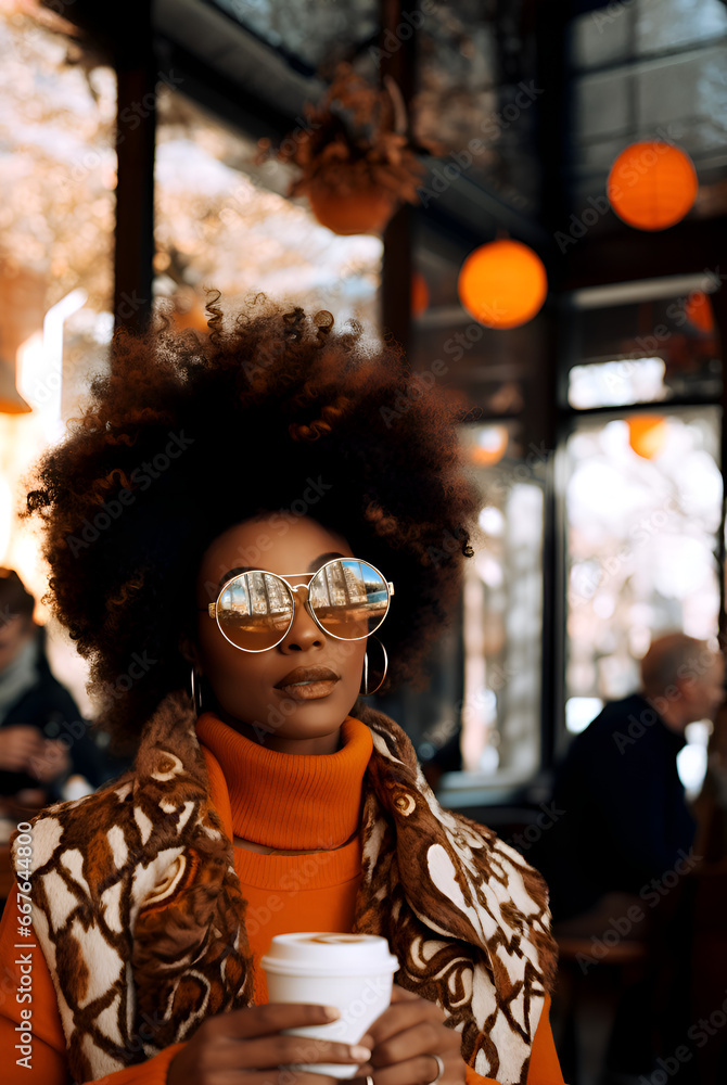 Obraz premium Beautiful modern Afroamerican woman outdoors at a cafe, blurred background