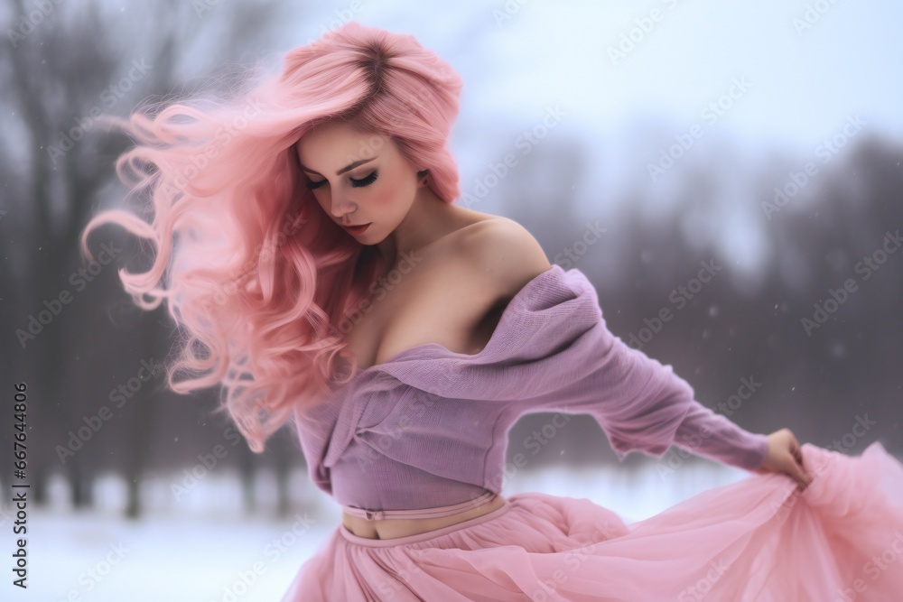 beautiful pink haired woman dancing in the winter setting beautiful pink haired woman dancing in the winter setting