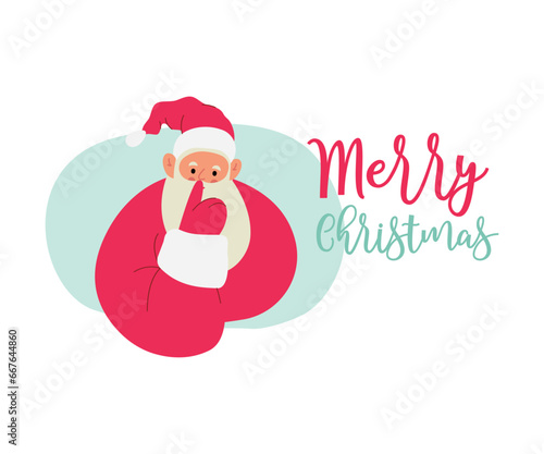 Modern flat vector illustration of cheerful Santa Claus, showing shh gesture with index finger near mouth, wearing red clothes, text Merry Christmas on xmas background 