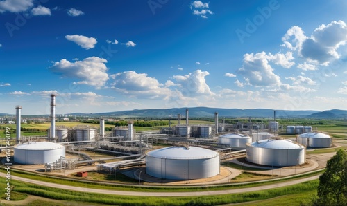 Modern industrial plant. Big oil tanks in refinery base. Storage of chemical products like oil, petrol, gas. Aerial view of petrol industrial zone.