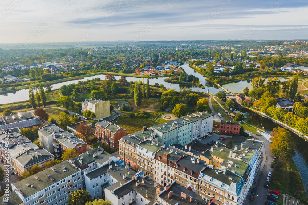 Dolne Miasto district in Gdańsk. Beautiful streets, old buildings, the Motława River. Morning.