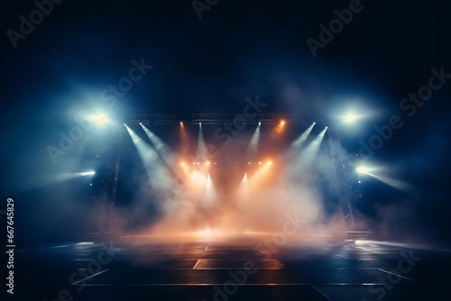Stage and blue and orange smoke night lightning in fog searchlight beams