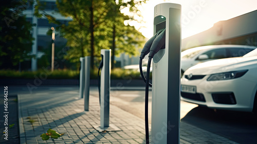 Modern fast electric vehicle chargers for charging car in park,